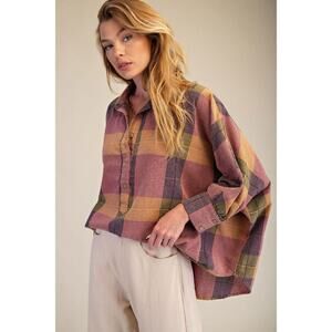 K73 Dolman Sleeve Paid Color Block Button Front Top - Rose - Purple